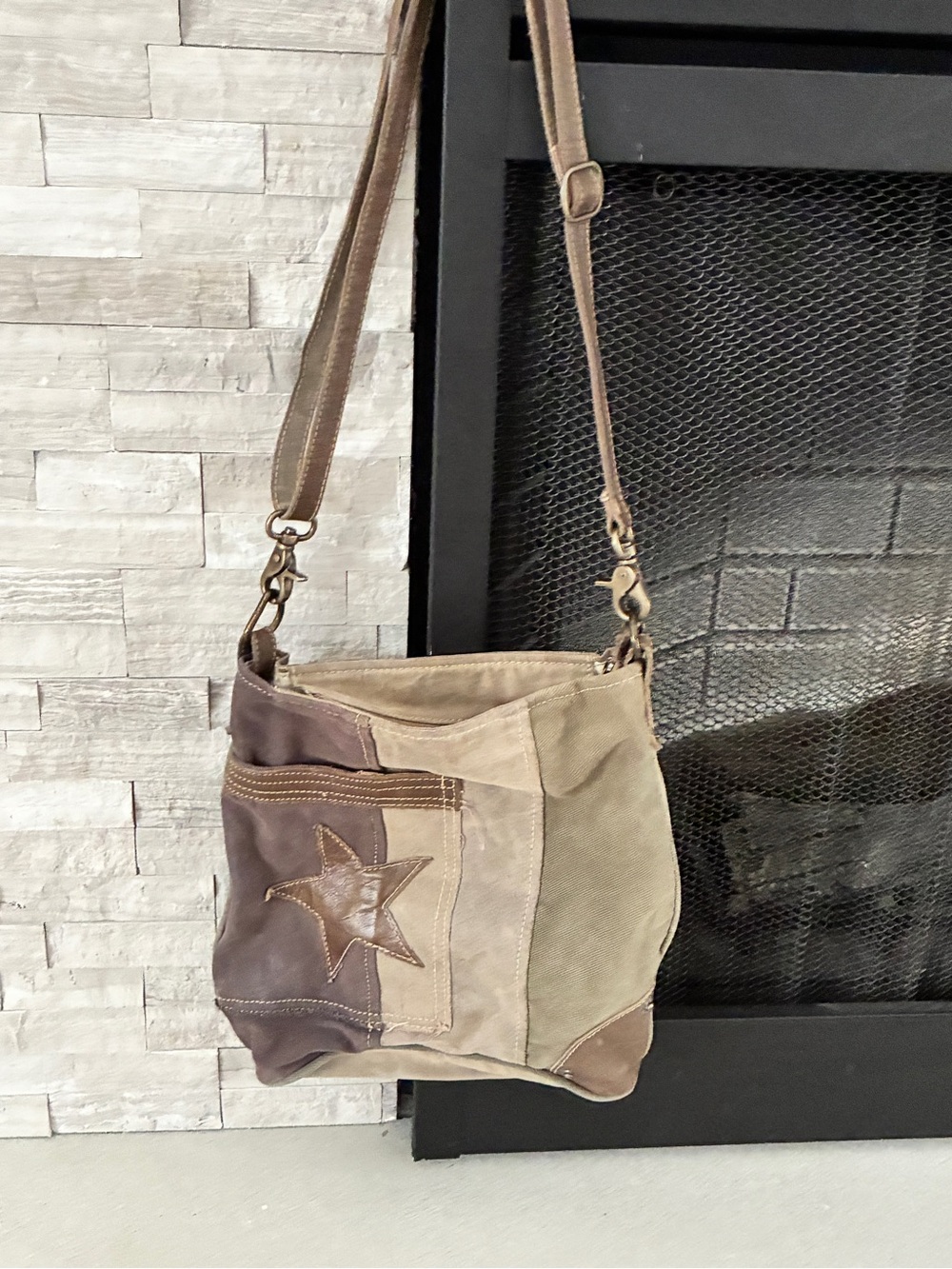 Myra Bag Beige & Brown Patchwork Star Crossbody